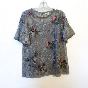 SUNDANCE Women's Blouse Gray Lace Floral Embroidered Ruffle Sleeve Size Medium